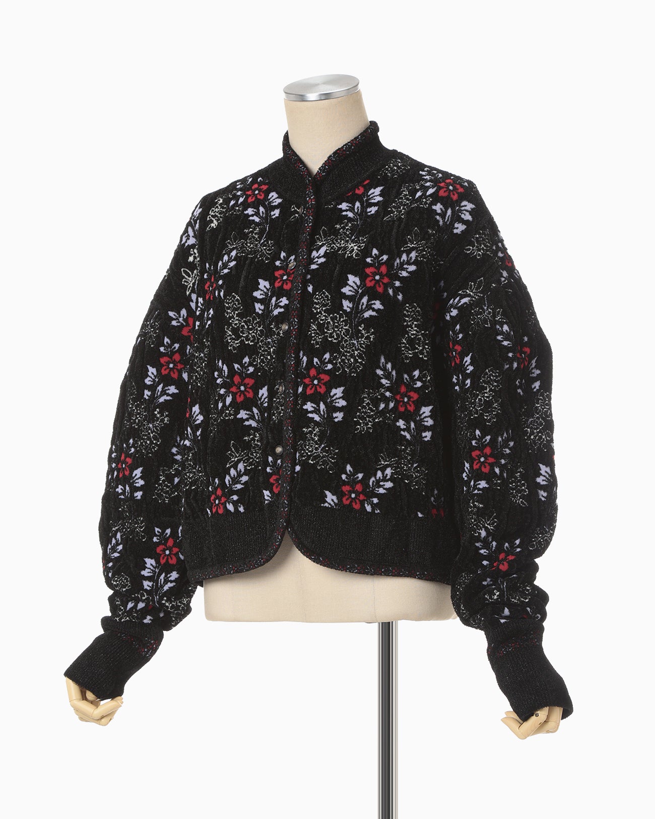 Floral Motif Chenille Knited Cardigan - black