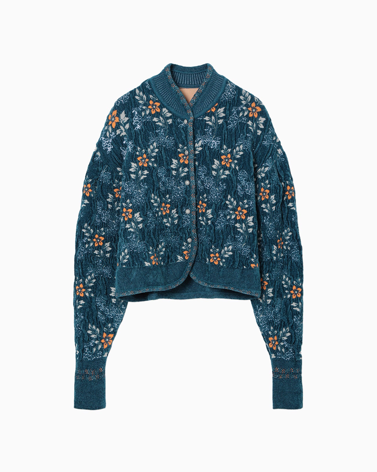 Floral Motif Chenille Knited Cardigan - blue