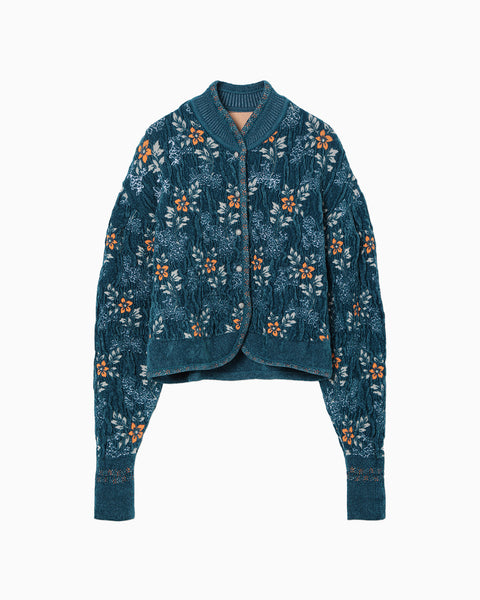 Floral Motif Chenille Knited Cardigan - blue