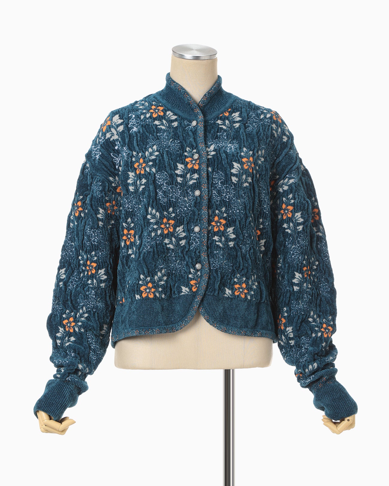 Floral Motif Chenille Knited Cardigan - blue