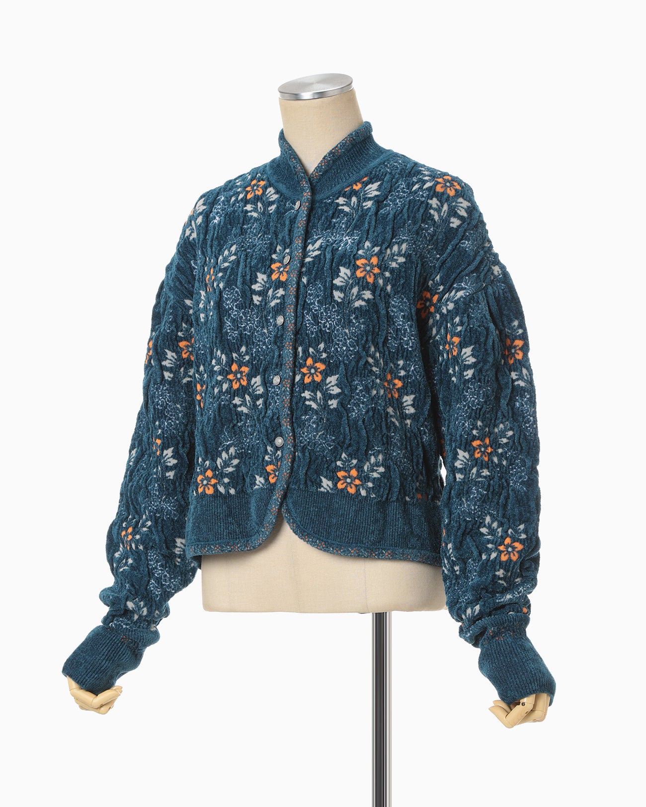 Floral Motif Chenille Knited Cardigan - blue