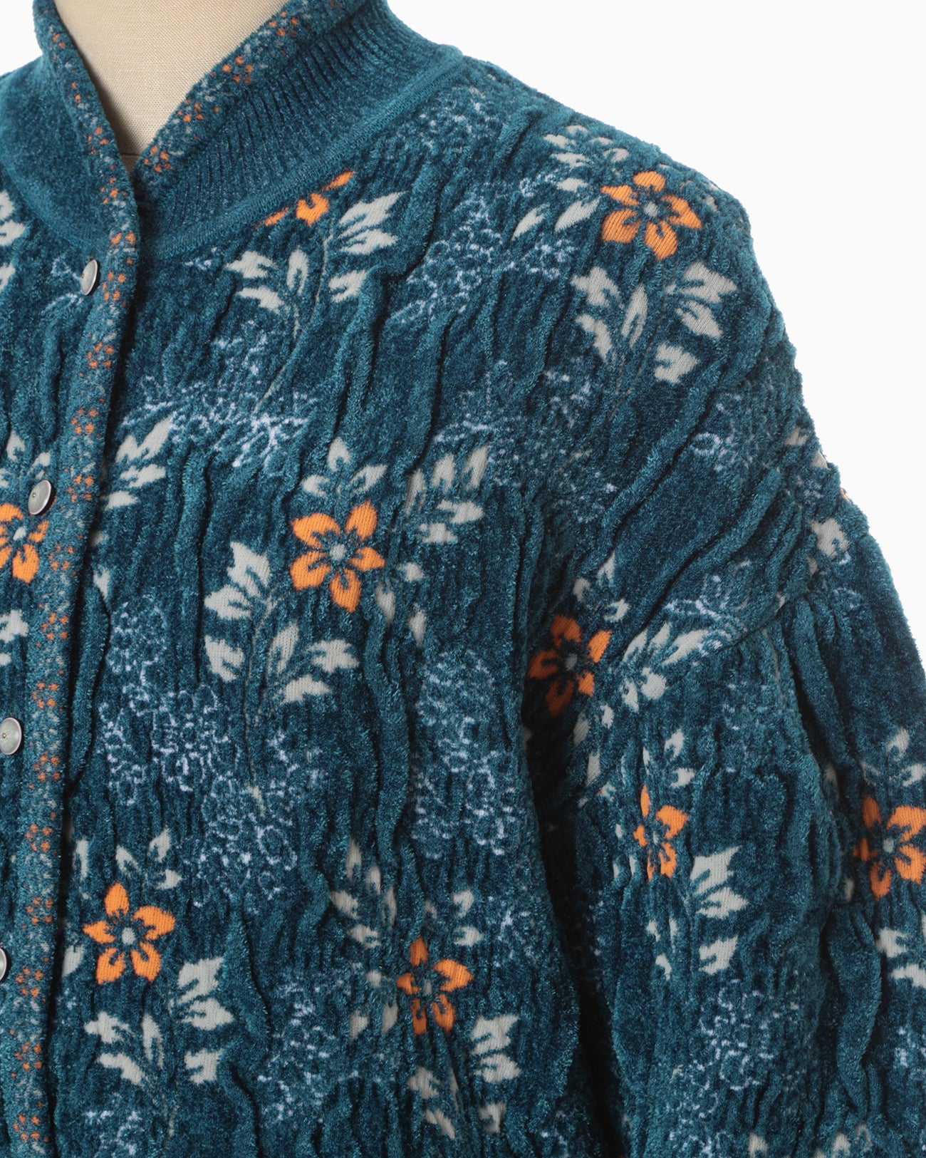 Floral Motif Chenille Knited Cardigan - blue