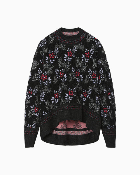 Floral Motif Chenille Knited Top - black