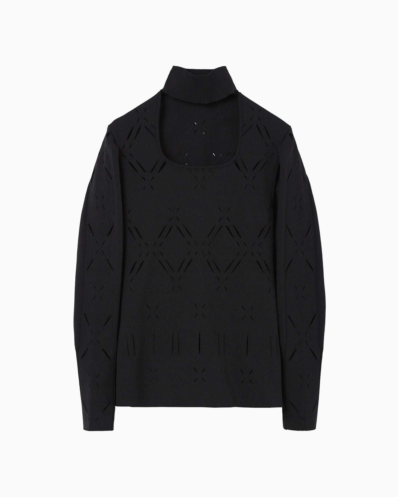 Eyelet High Neck Knitted Top - black
