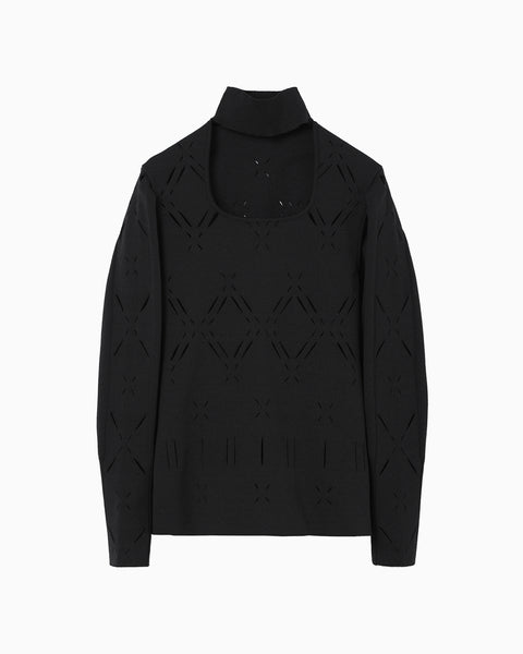 Eyelet High Neck Knitted Top - black