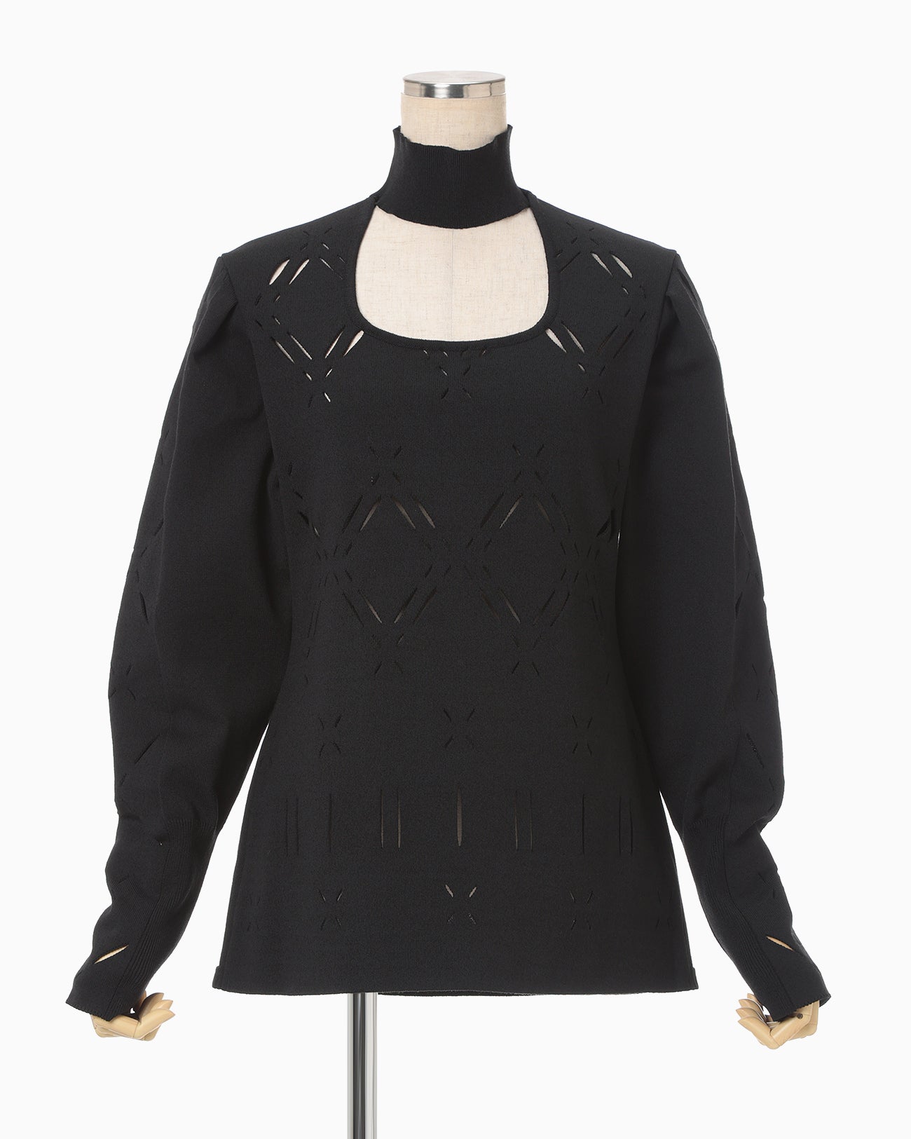 Eyelet High Neck Knitted Top - black