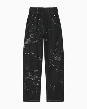Nature Pattern Jacquard Wide Leg Jeans - black