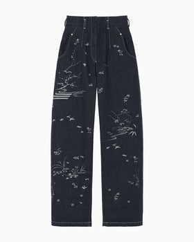 Nature Pattern Jacquard Wide Leg Jeans - blue