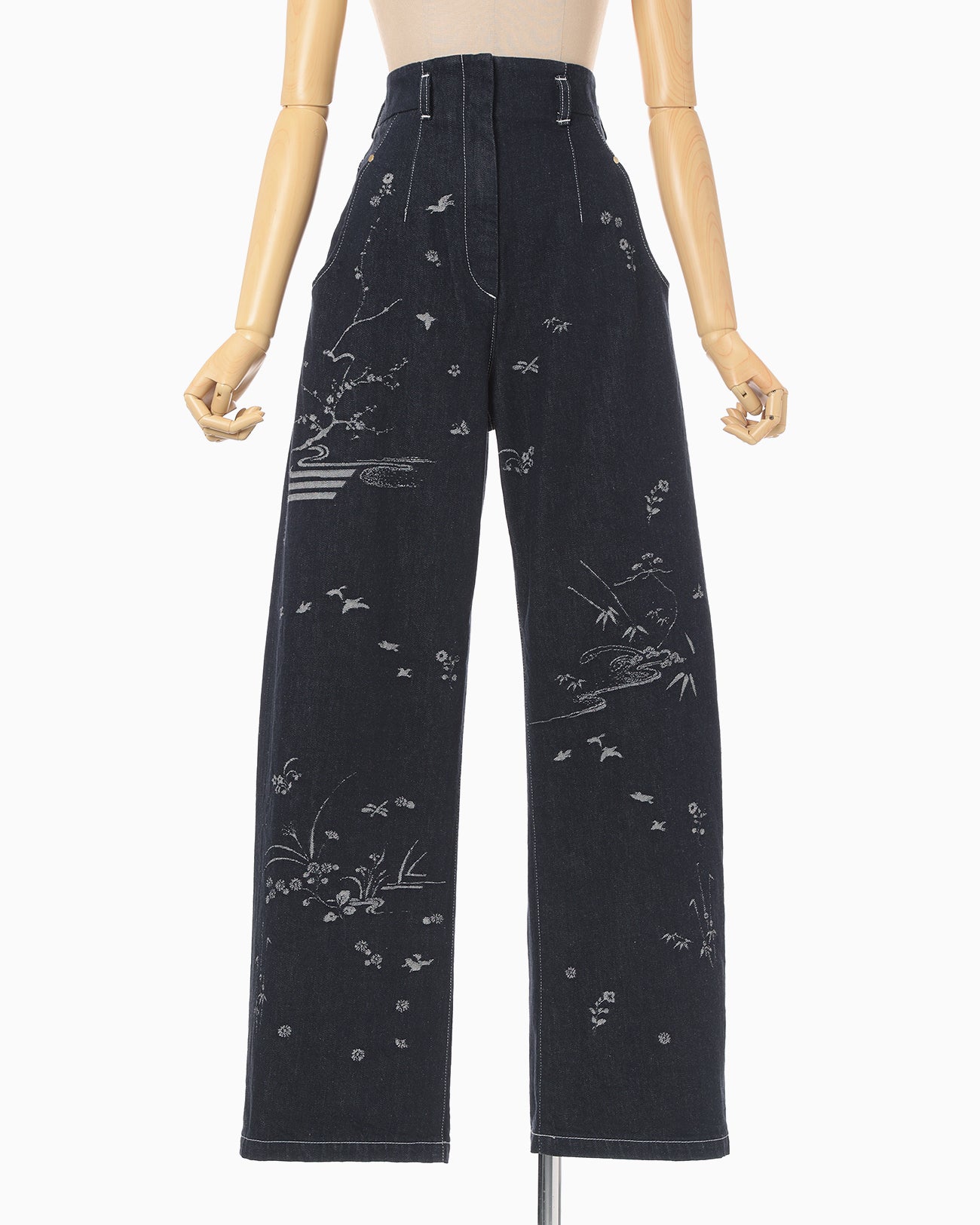 Nature Pattern Jacquard Wide Leg Jeans - blue