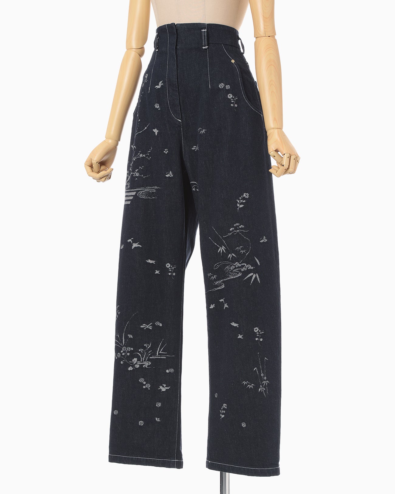 Nature Pattern Jacquard Wide Leg Jeans - blue