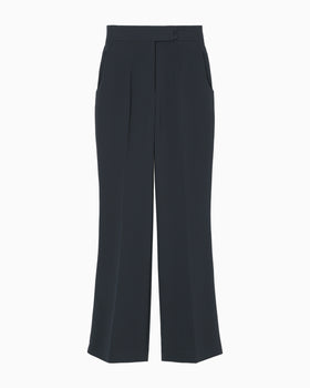 Acetate Polyester High Waisted Center Creased Suit Trousers - navy
