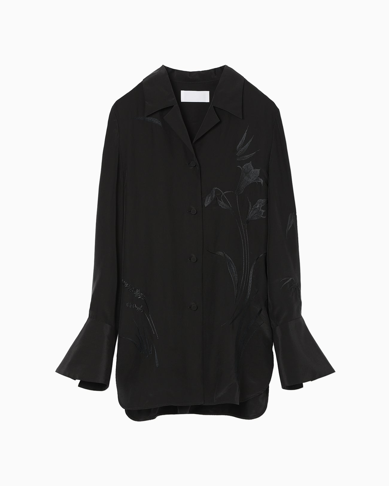Silk Cupra Floral Embroidery Open Collar Shirt - black
