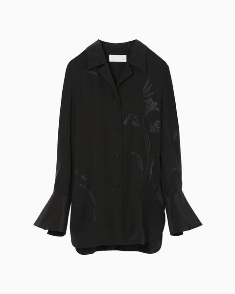 Silk Cupra Floral Embroidery Open Collar Shirt - black