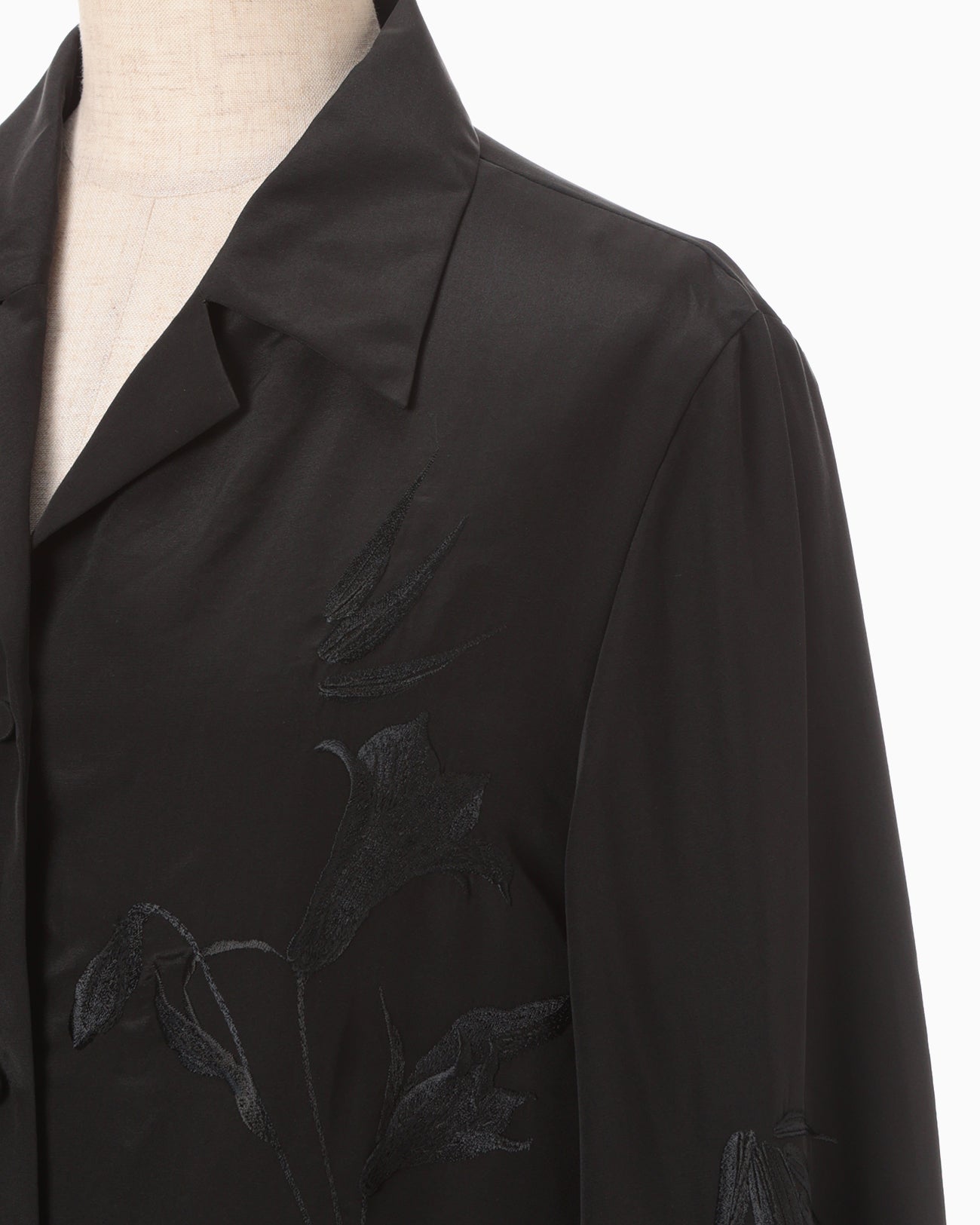 Silk Cupra Floral Embroidery Open Collar Shirt - black
