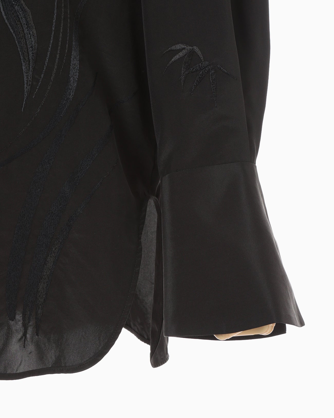 Silk Cupra Floral Embroidery Open Collar Shirt - black