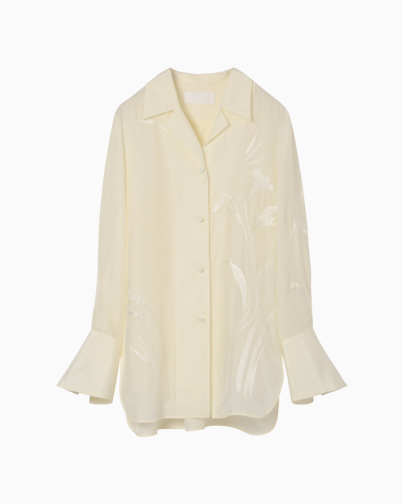 Silk Cupra Floral Embroidery Open Collar Shirt - ecru