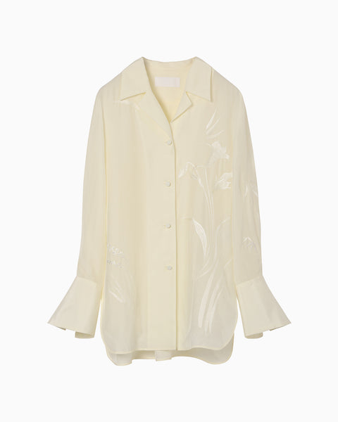 Silk Cupra Floral Embroidery Open Collar Shirt - ecru