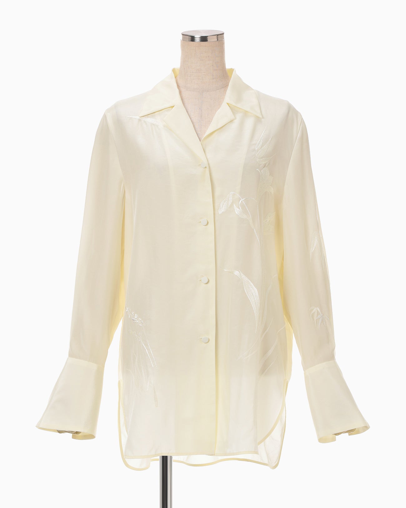 Silk Cupra Floral Embroidery Open Collar Shirt - ecru