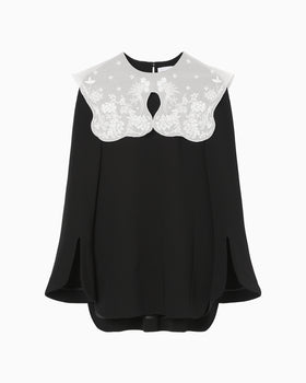 Triacetate Georgette Embroidery Collar Top - black
