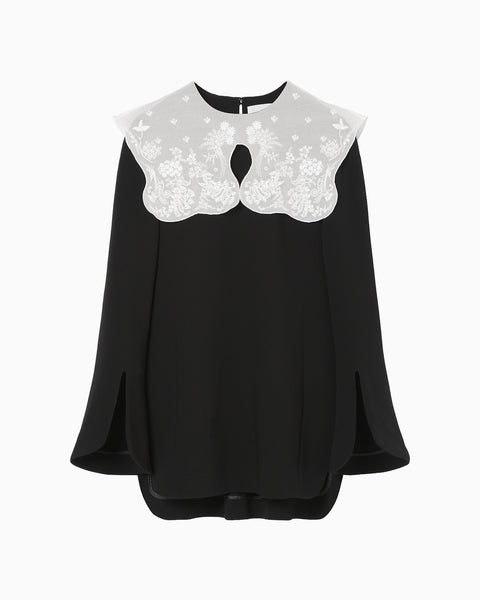 Triacetate Georgette Embroidery Collar Top - black