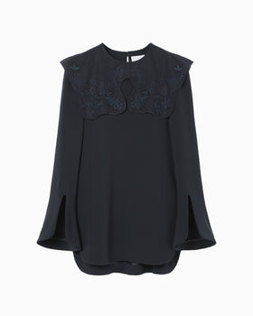 Triacetate Georgette Embroidery Collar Top - navy