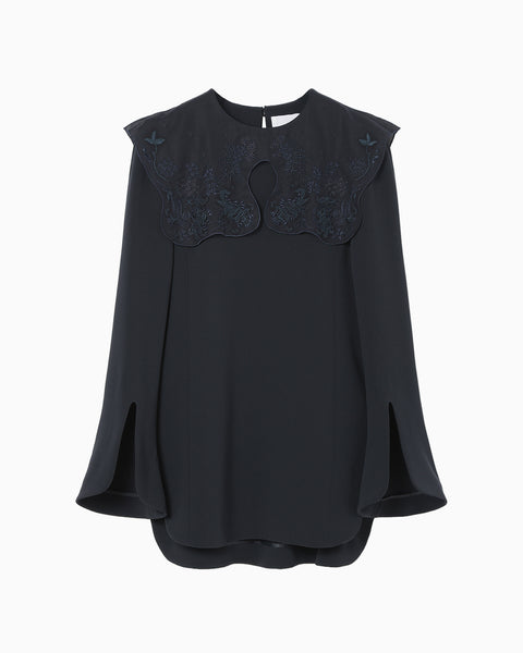 Triacetate Georgette Embroidery Collar Top - navy
