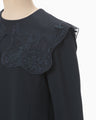 Triacetate Georgette Embroidery Collar Top - navy