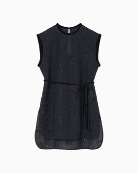 Triacetate Georgette Floral Embroidery Sleeveless Top - navy