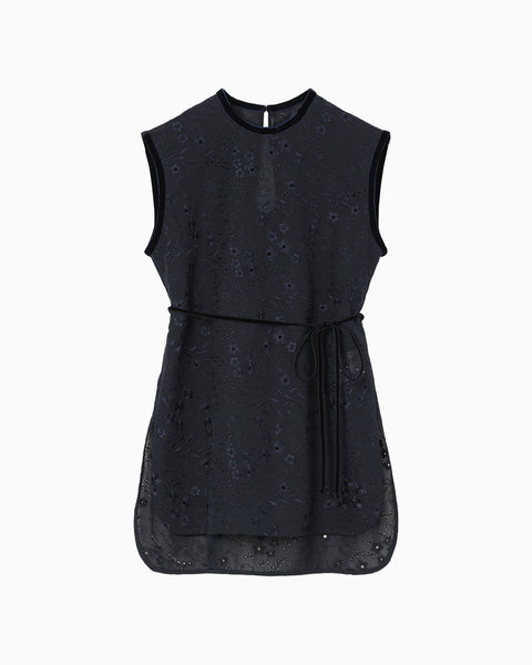 Triacetate Georgette Floral Embroidery Sleeveless Top - navy