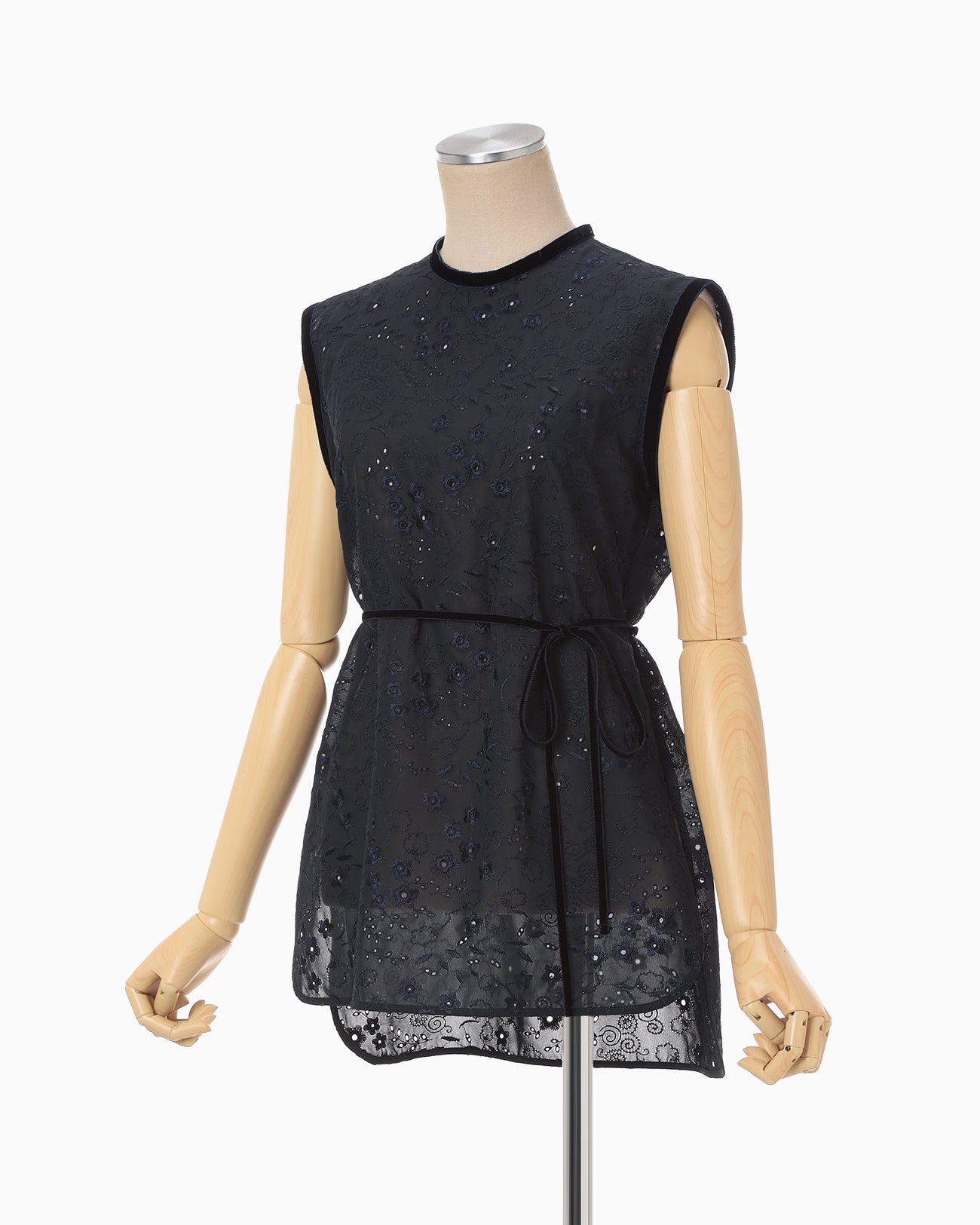 Triacetate Georgette Floral Embroidery Sleeveless Top - navy