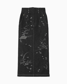 Nature Pattern Jacquard Denim Skirt - black
