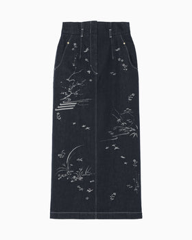 Nature Pattern Jacquard Denim Skirt - blue