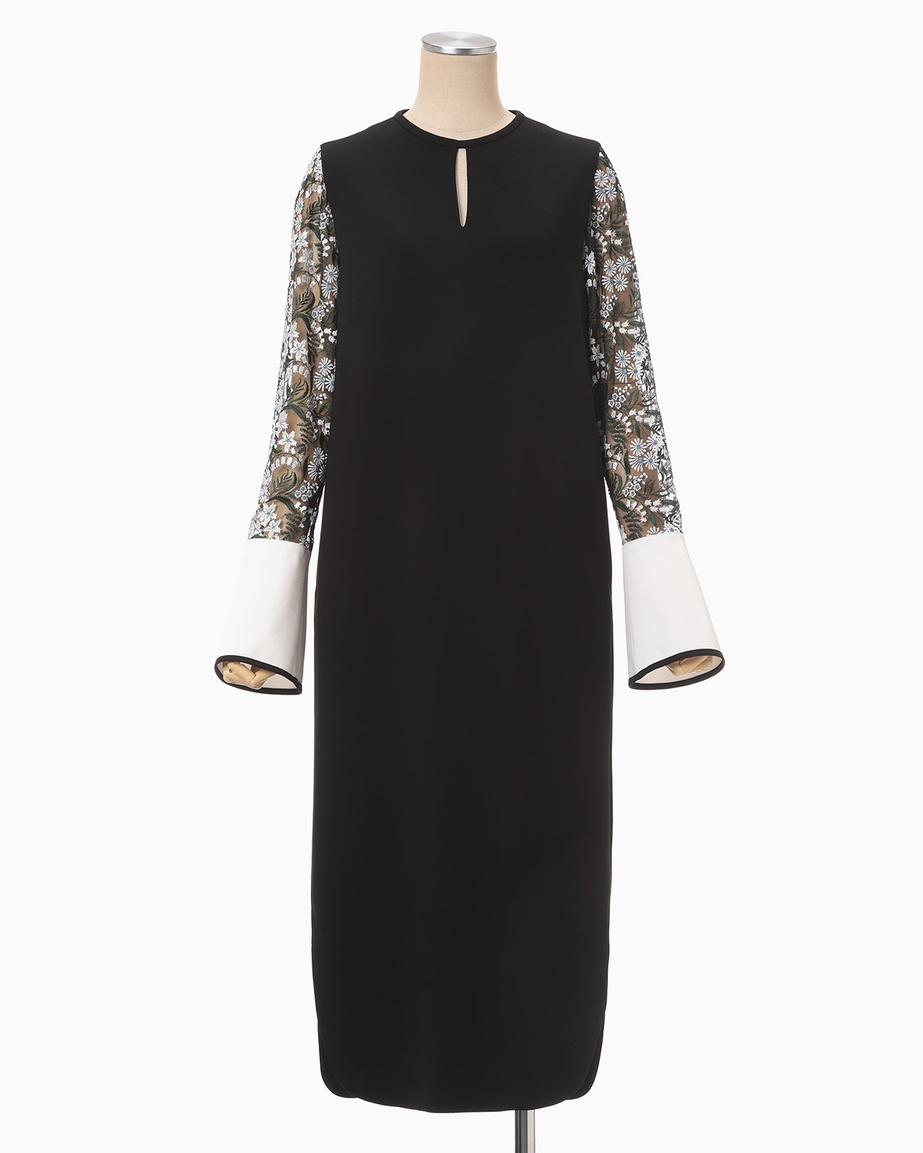Floral Lace-Sleeve Classic Dress - black