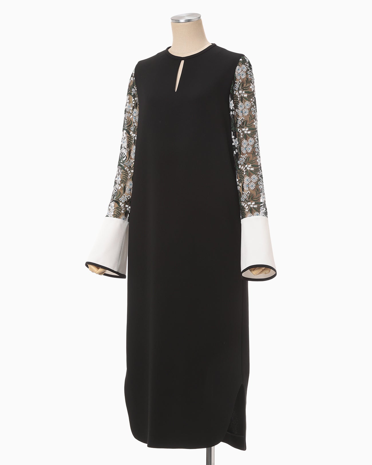 Floral Lace-Sleeve Classic Dress - black
