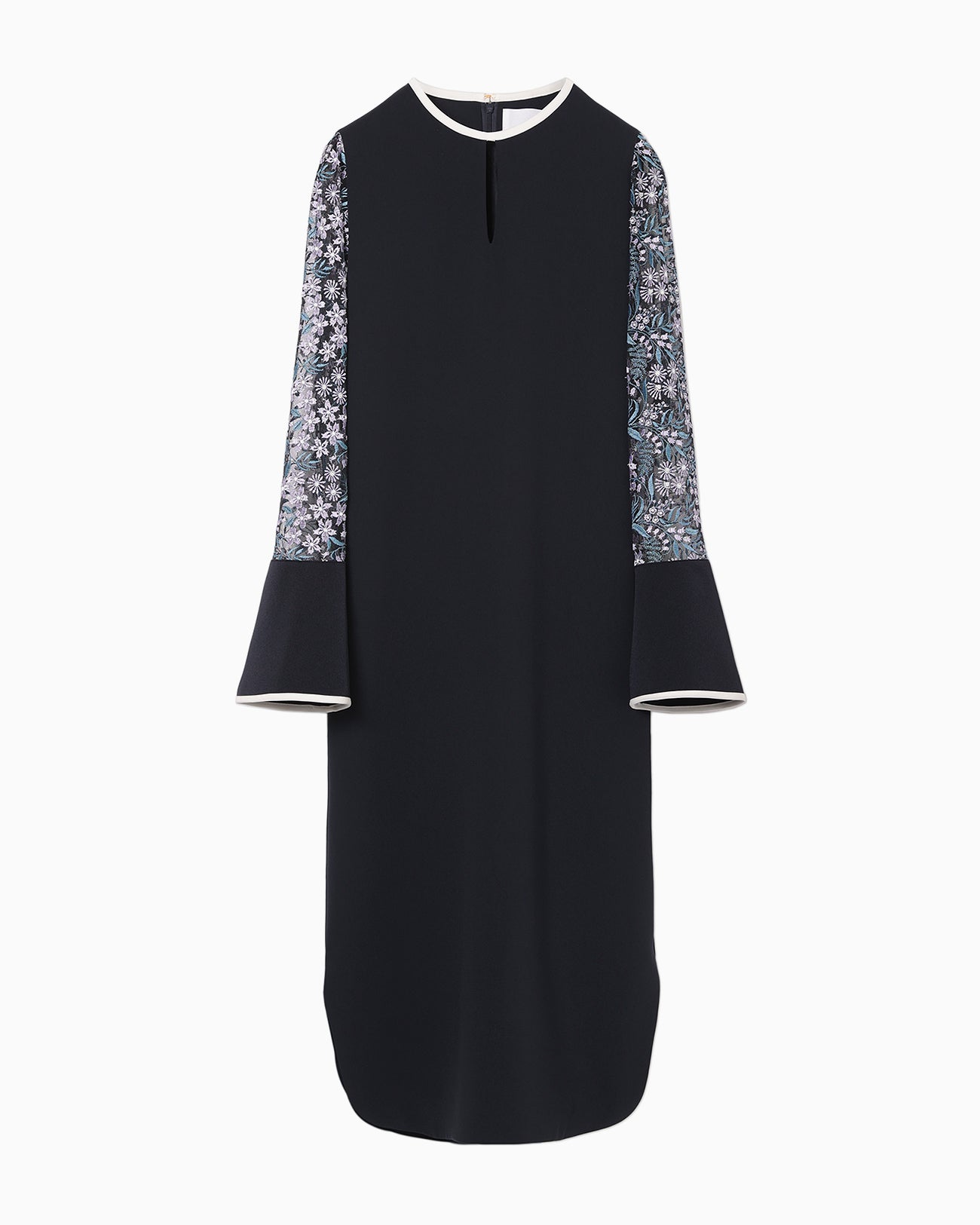 Floral Lace-Sleeve Classic Dress - navy
