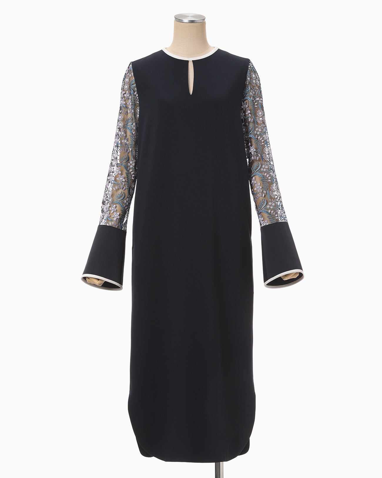 Floral Lace-Sleeve Classic Dress - navy