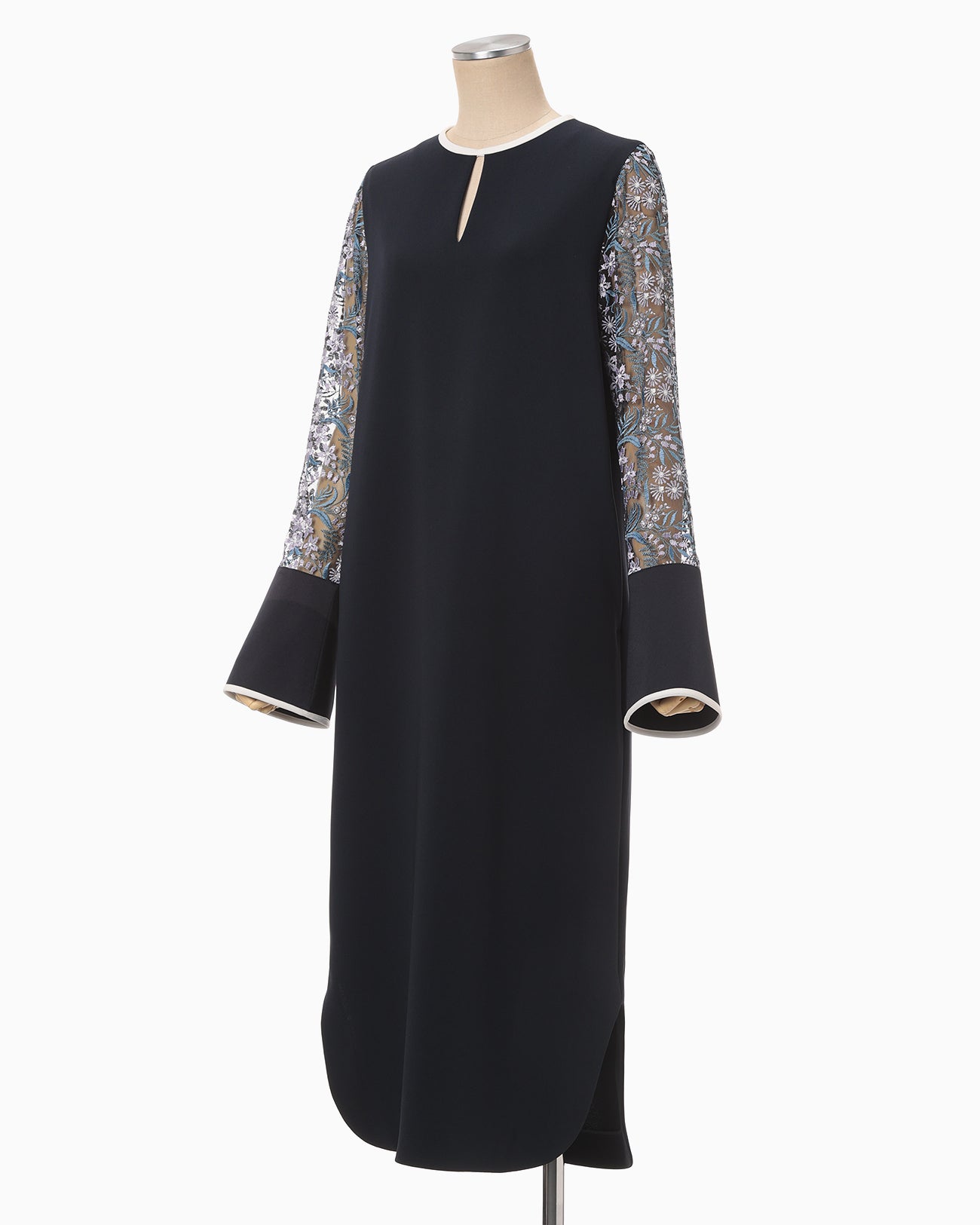 Floral Lace-Sleeve Classic Dress - navy