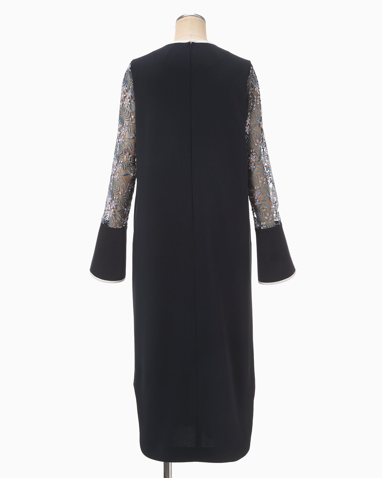 Floral Lace-Sleeve Classic Dress - navy