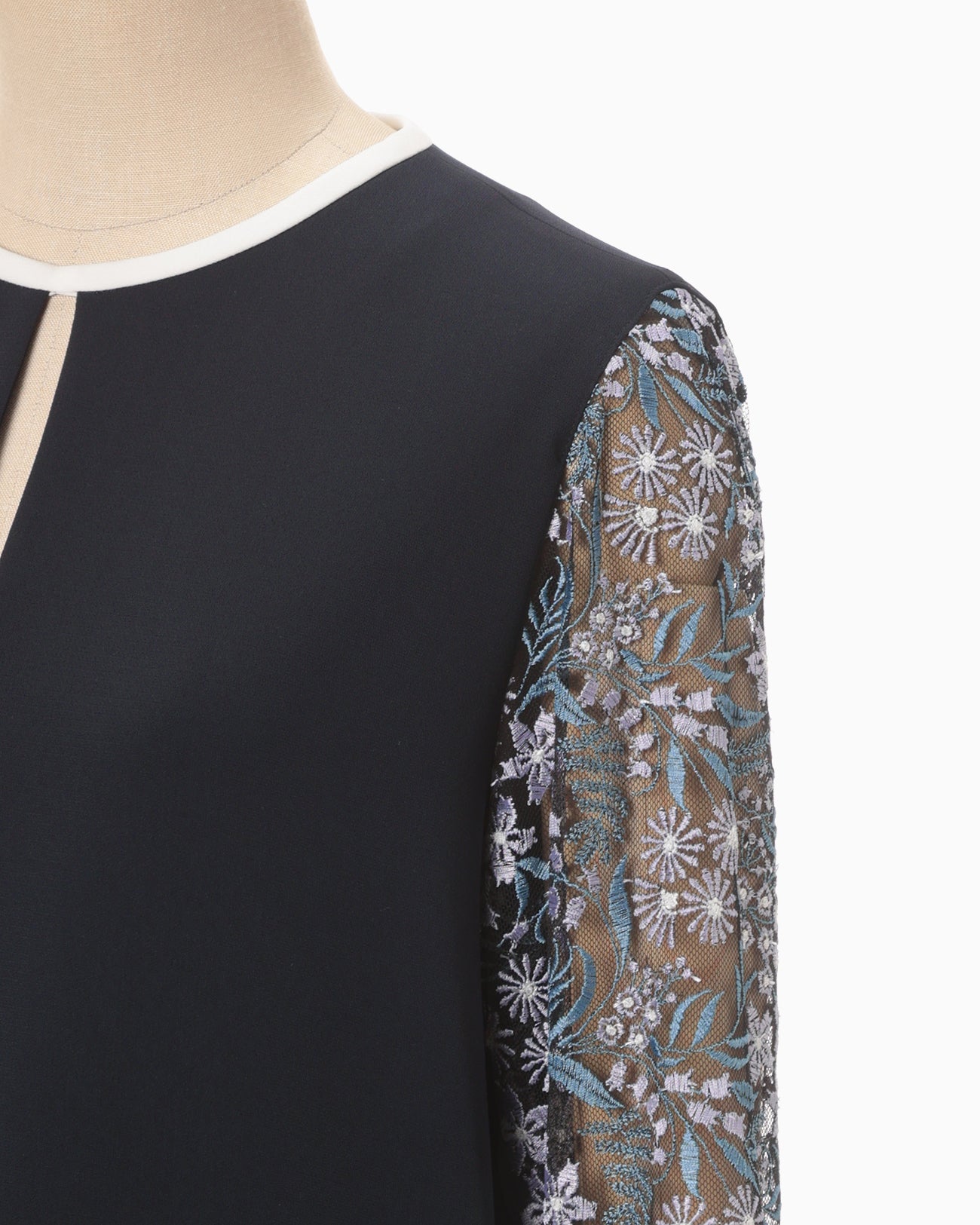 Floral Lace-Sleeve Classic Dress - navy