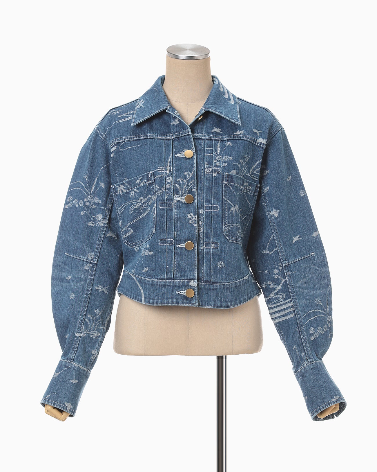 Nature Pattern Jacquard Short Denim Jacket - blue