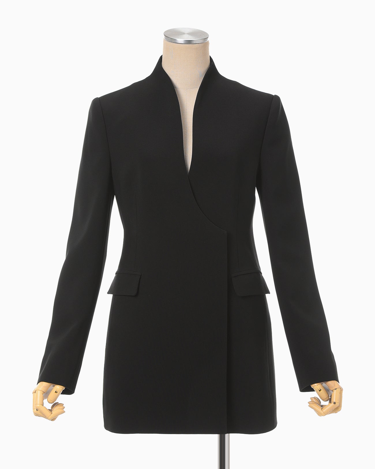 Acetate Polyester Collarless Double Breasted Suit Jacket - black