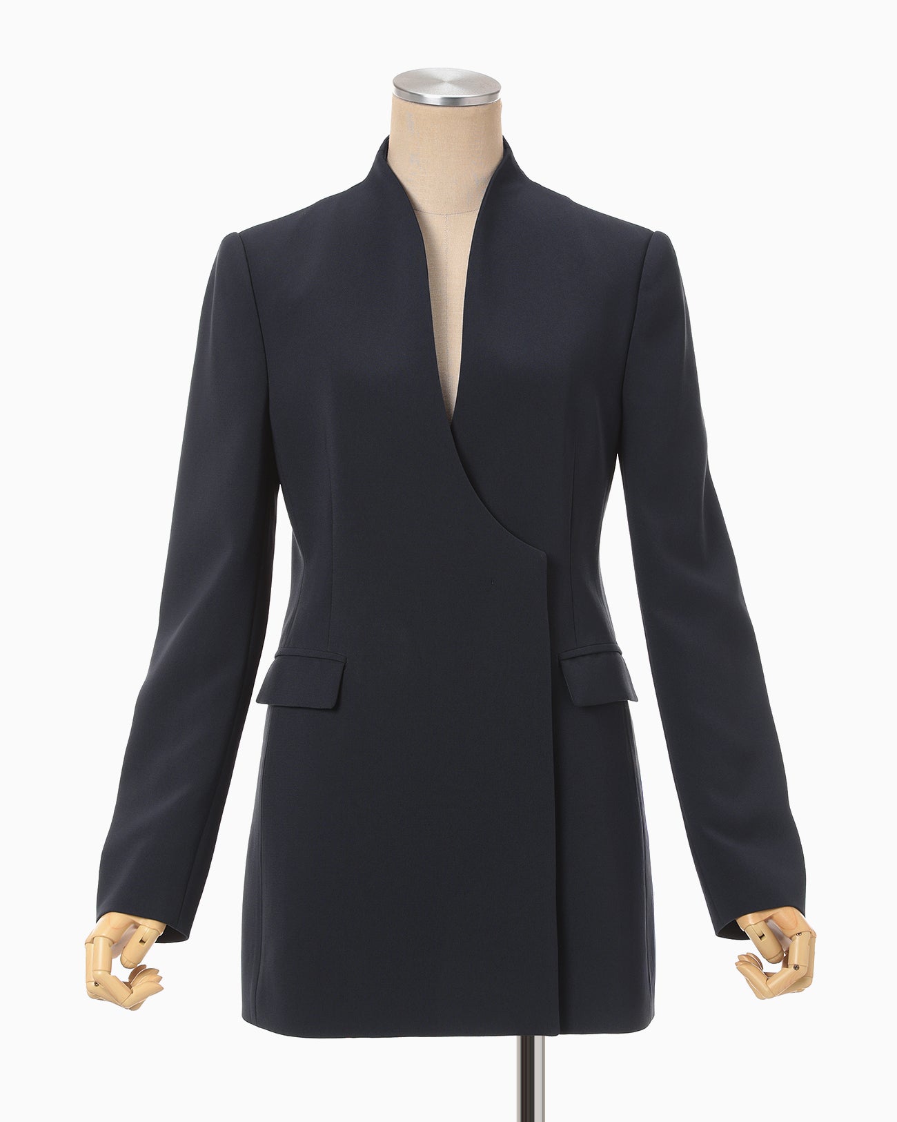 Acetate Polyester Collarless Double Breasted Suit Jacket - navy