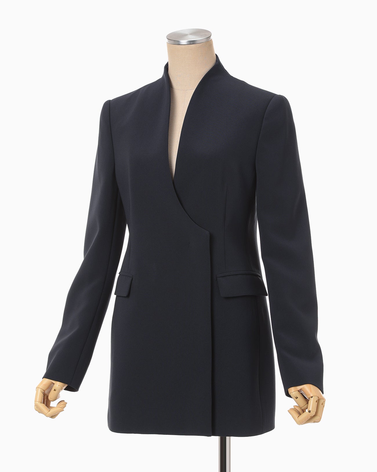 Acetate Polyester Collarless Double Breasted Suit Jacket - navy