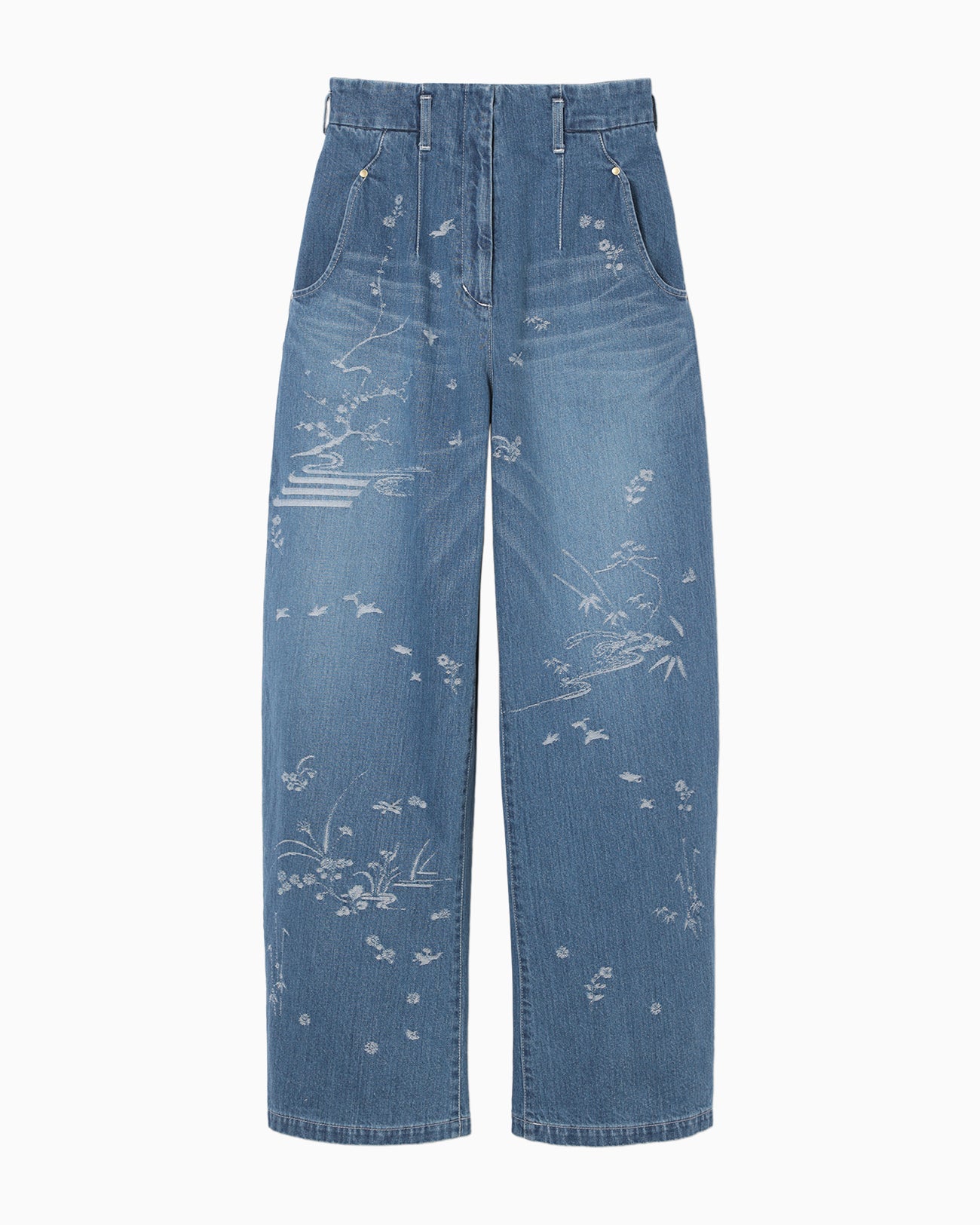 Nature Pattern Jacquard Wide Leg Jeans - blue