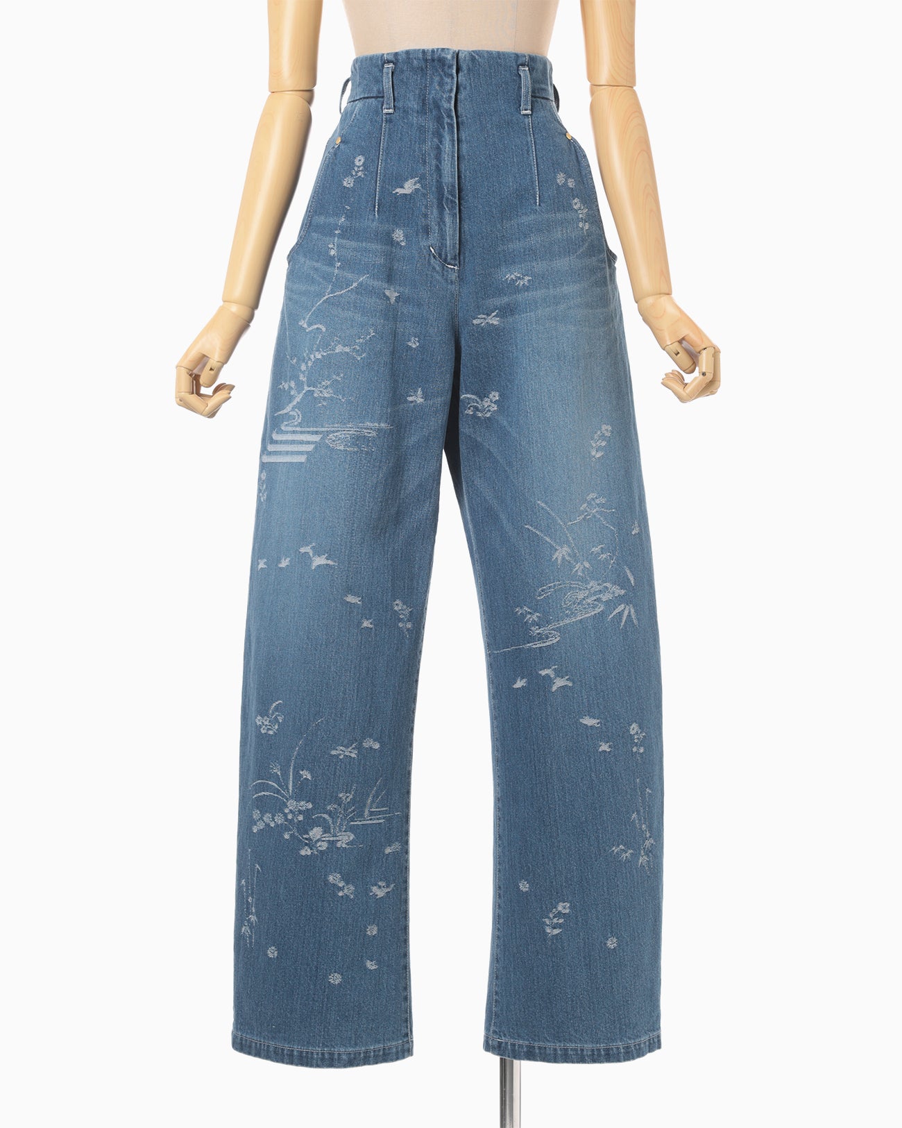 Nature Pattern Jacquard Wide Leg Jeans - blue