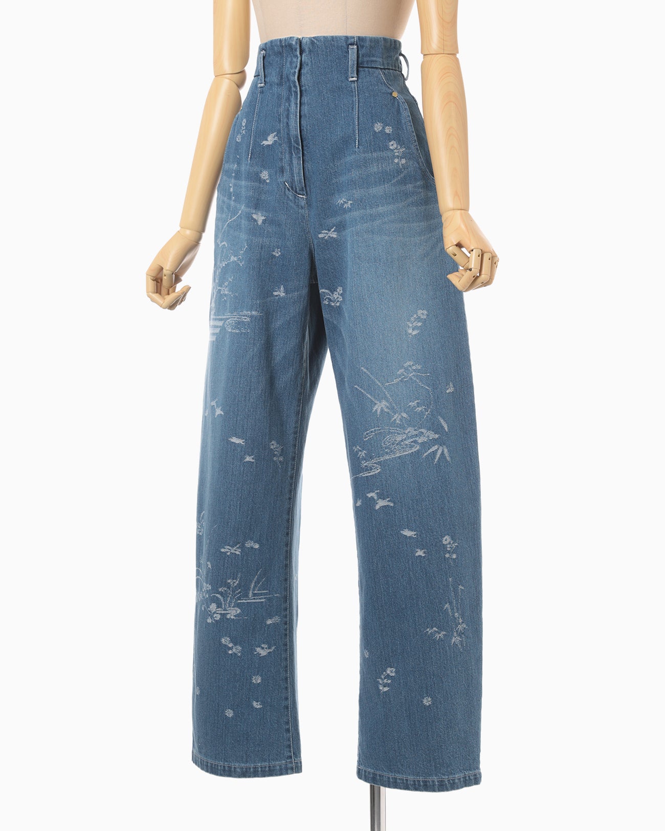 Nature Pattern Jacquard Wide Leg Jeans - blue