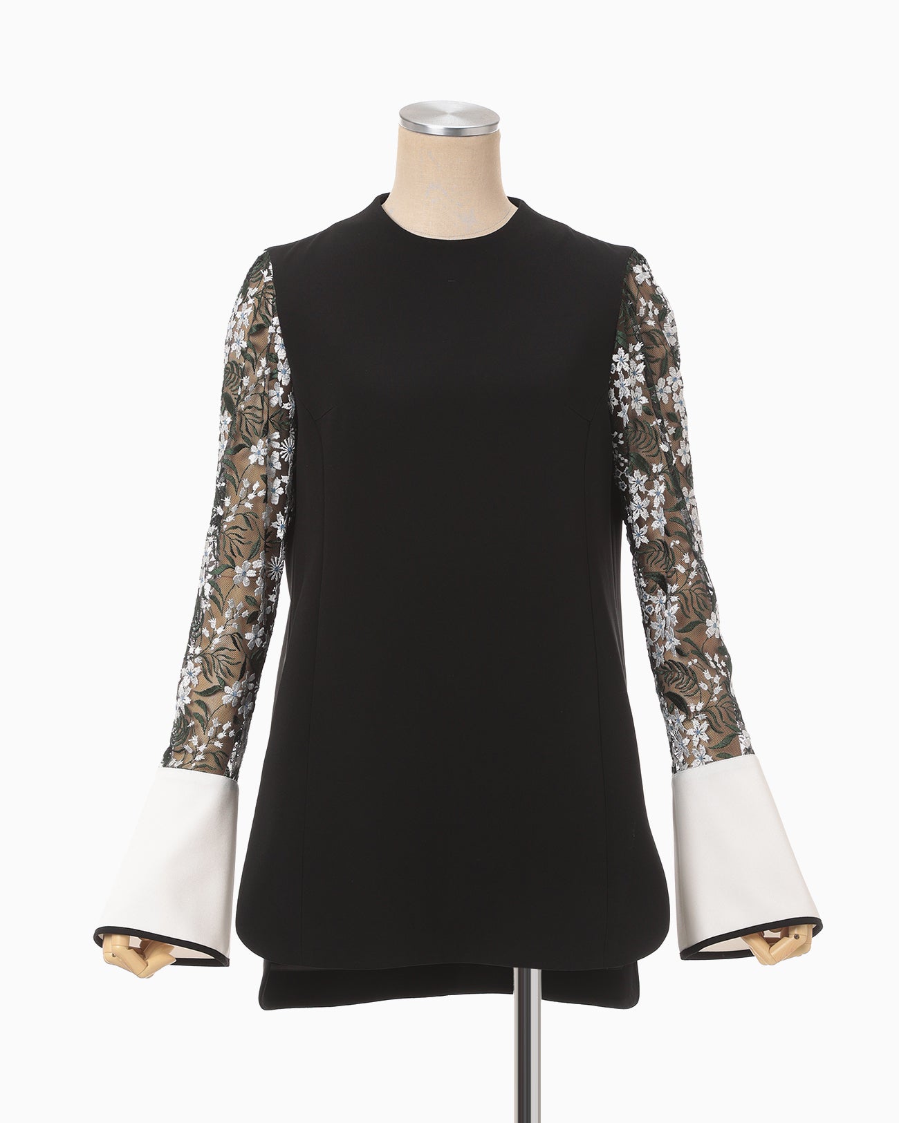 Floral Lace-Sleeve Classic Top - black