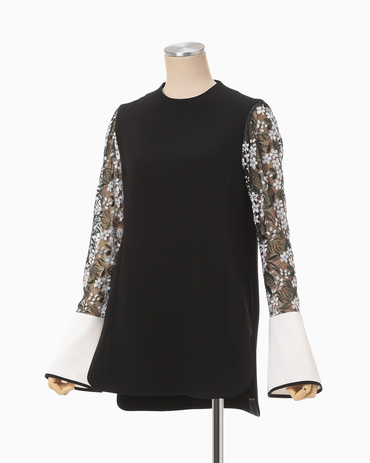 Floral Lace-Sleeve Classic Top - black