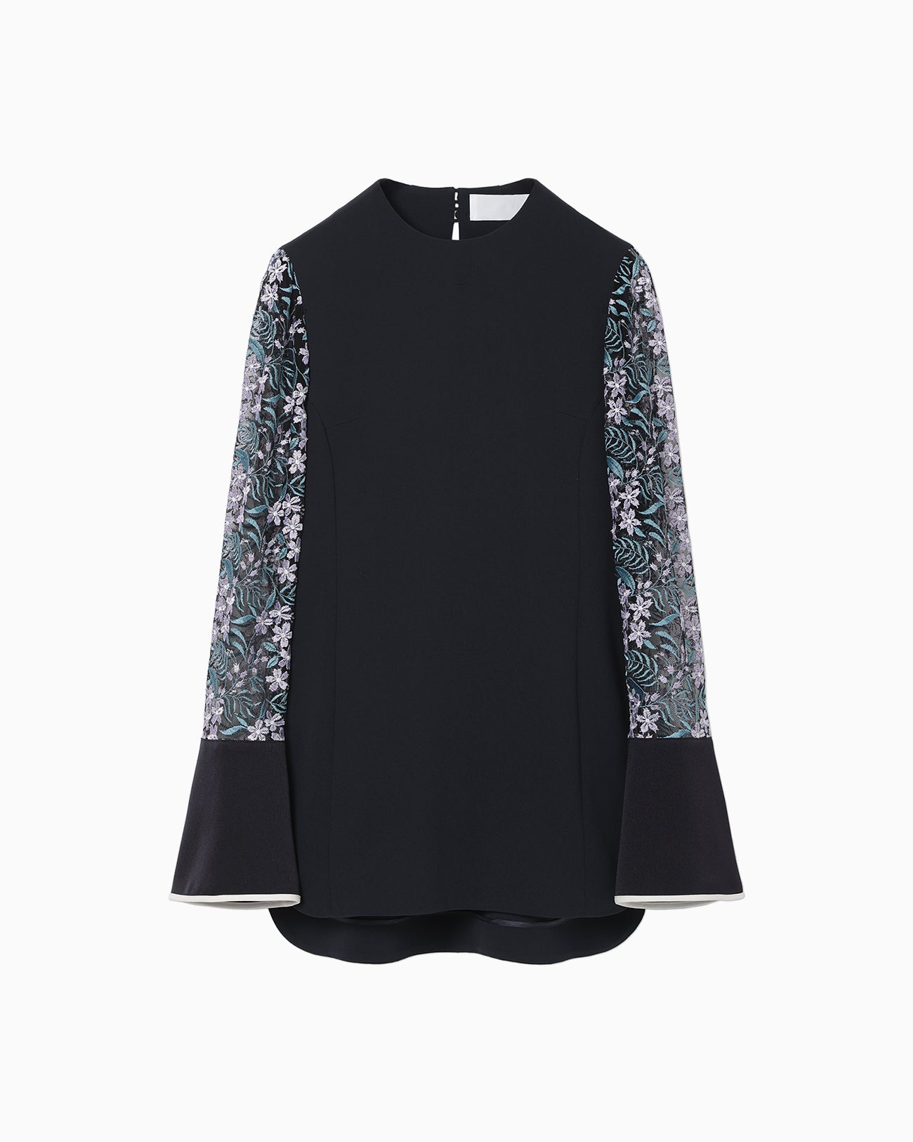 Floral Lace-Sleeve Classic Top - navy