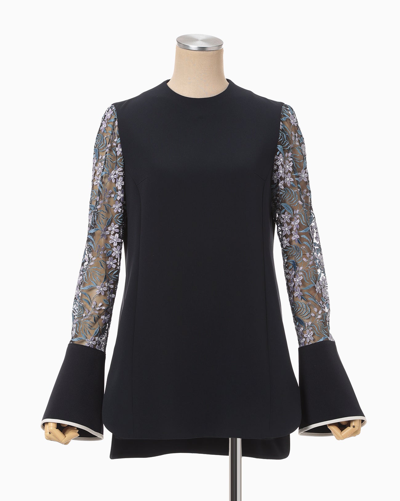 Floral Lace-Sleeve Classic Top - navy